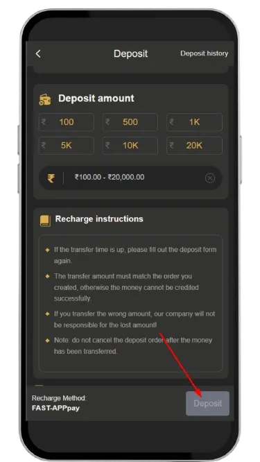 Click on Deposit Button